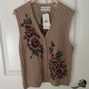 NWT Marisa Christina Hand Knit Linen Cotton Beige Floral Knit Vest Sz Large